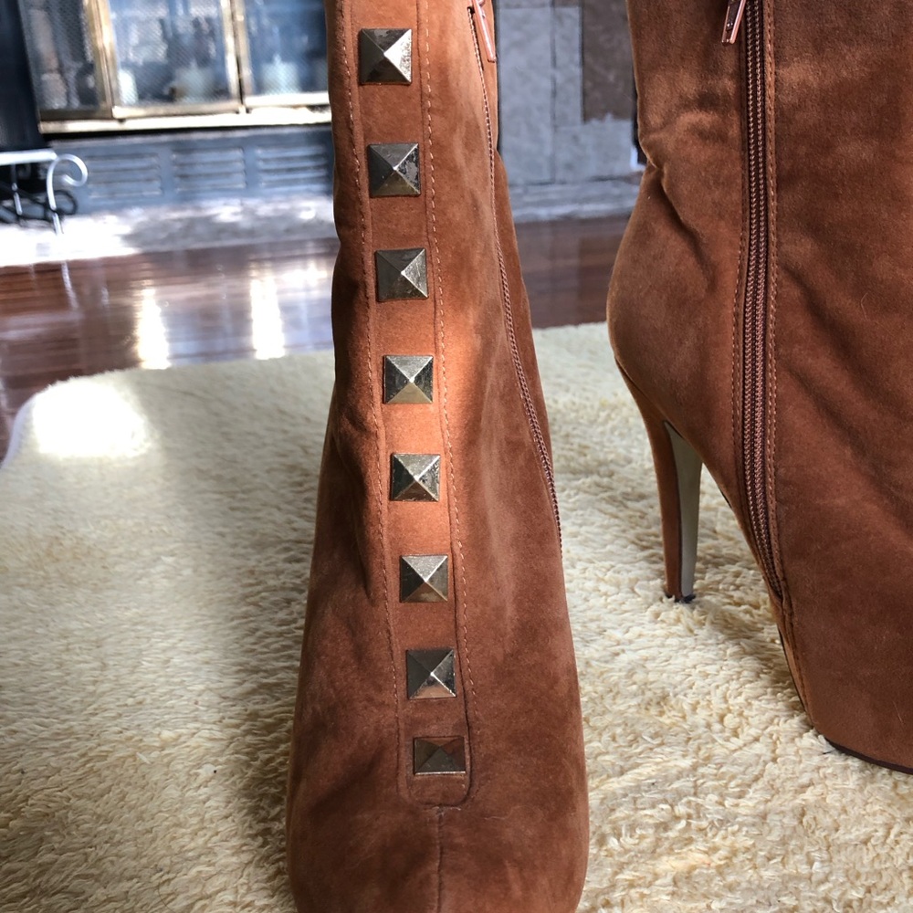 Brown Suede Studded  Platform Ankle High Heel Boots Size 8 - Picture 7 of 16
